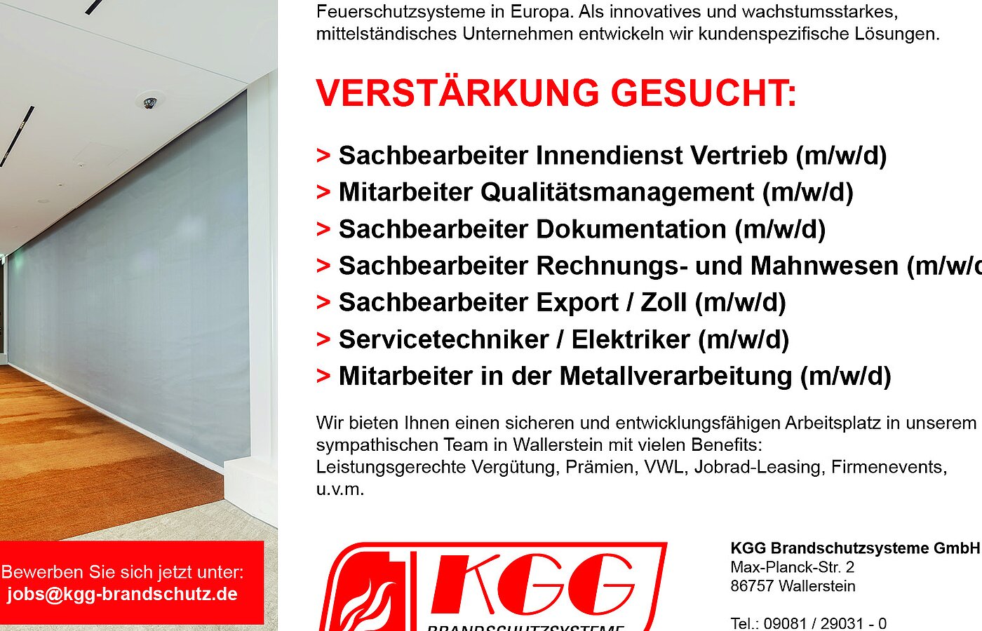 Stellenanzeige der KGG Brandschutzsysteme mit offenen Stellen in Wallerstein