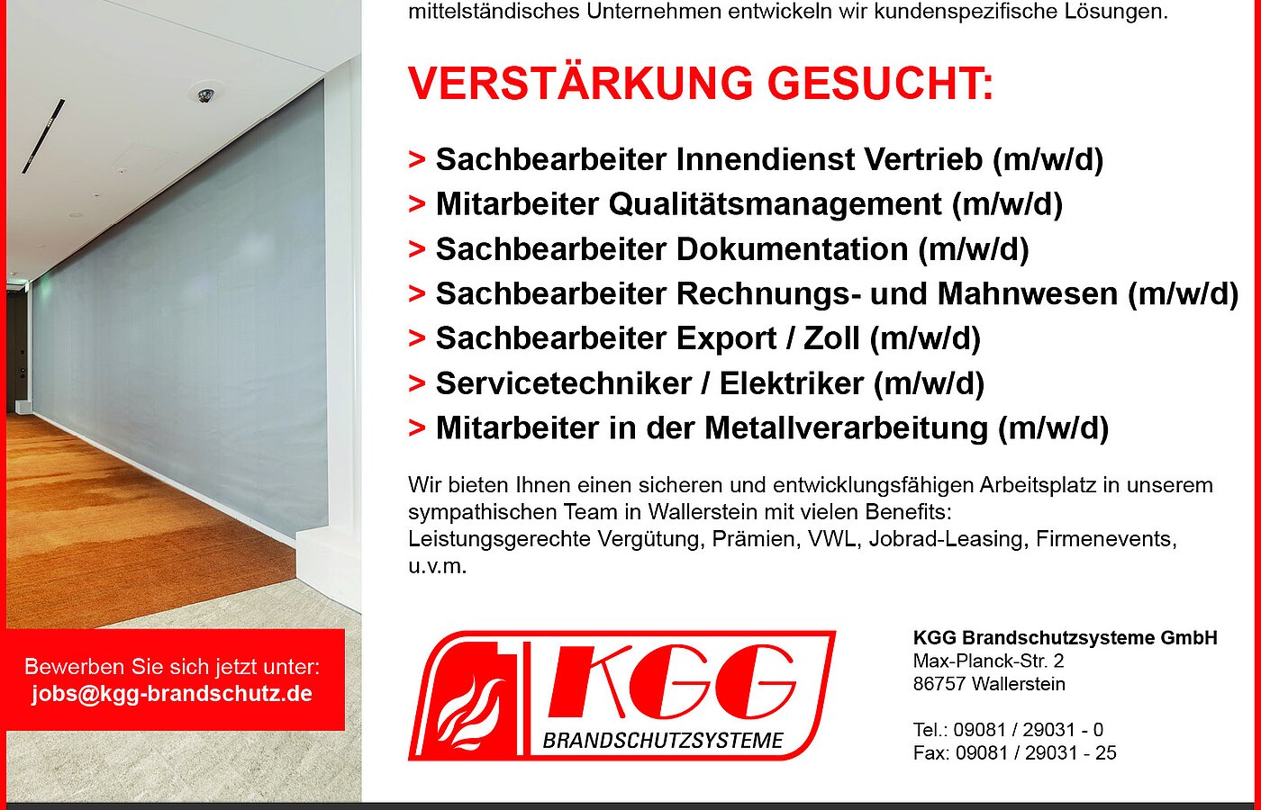 KGG Brandschutzsysteme job advertisement with open positions in Wallerstein