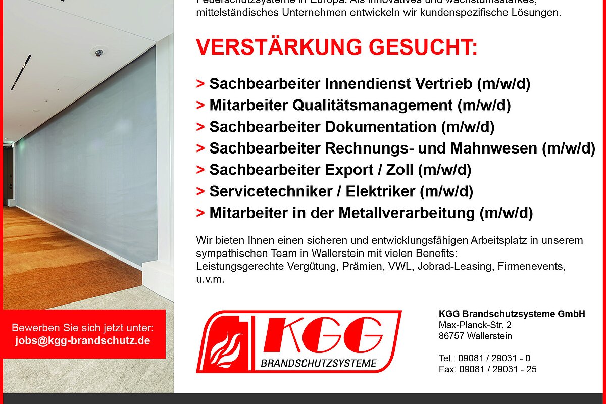 KGG Brandschutzsysteme job advertisement with open positions in Wallerstein