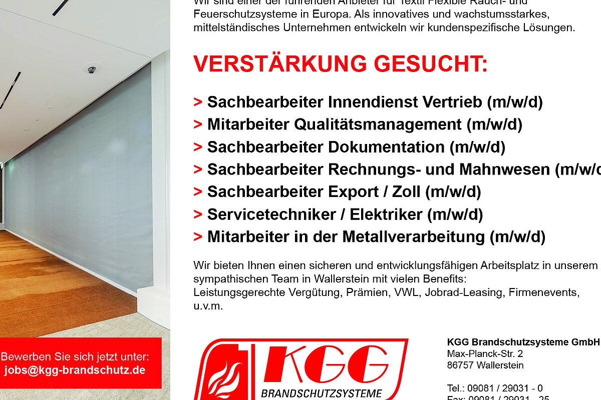 Stellenanzeige der KGG Brandschutzsysteme mit offenen Stellen in Wallerstein